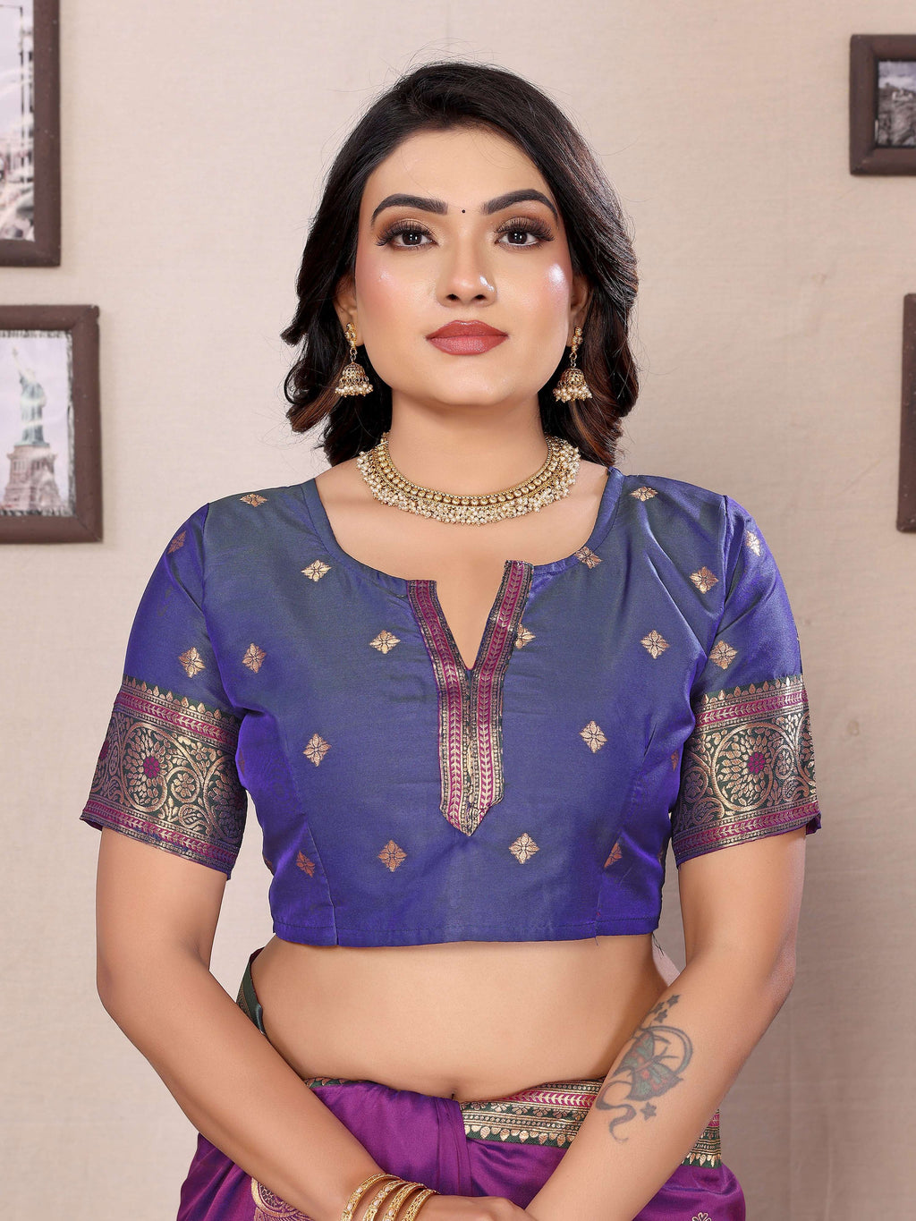 Sonakshi Women's Purple Banarasi Silk Zari Woven Traditional Saree with Blouse | Grocsy