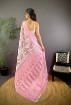 Sonakshi Women's Pink Blend Silk Jacquard Woven Traditional Saree with Blouse | Grocsy