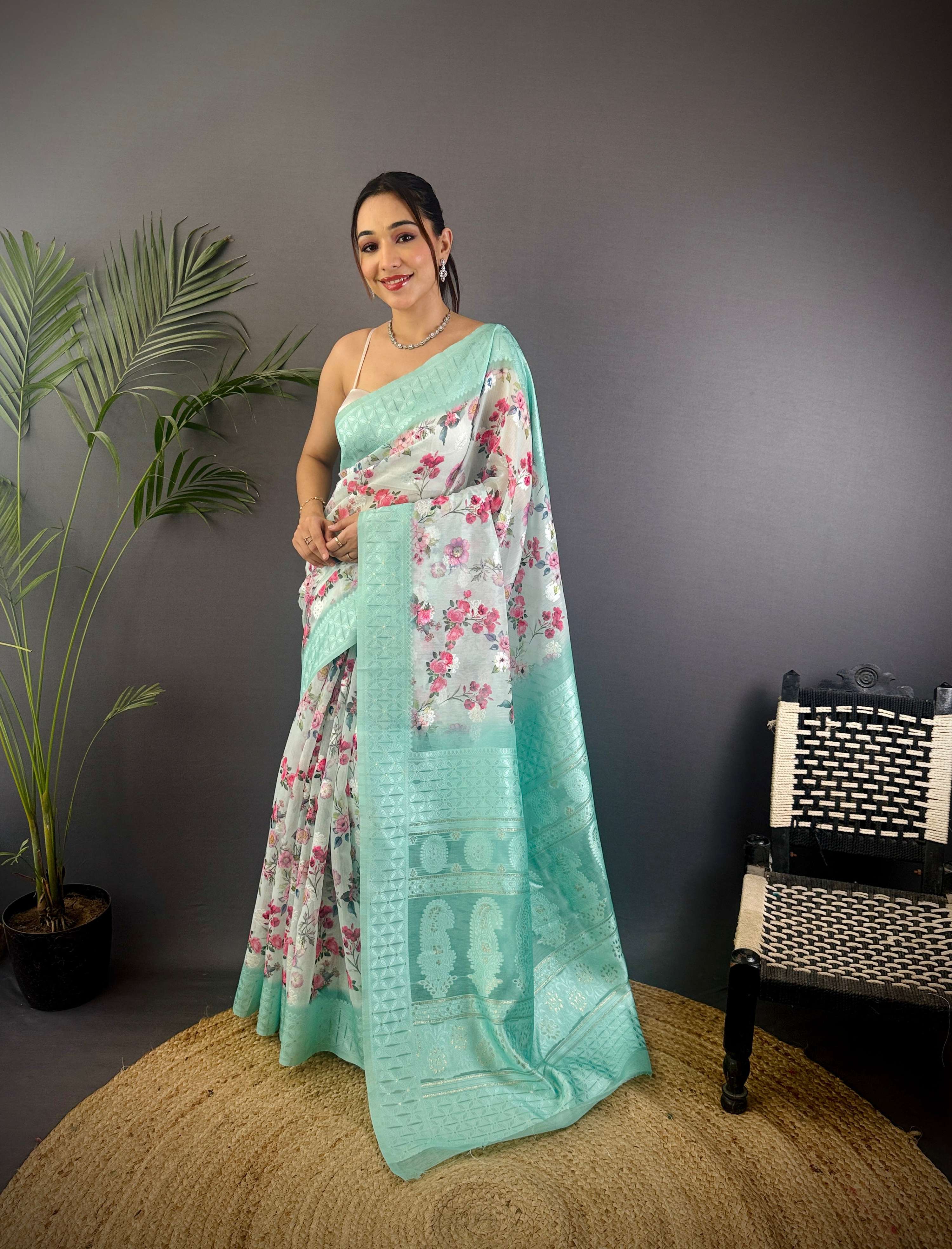 Sonakshi Women's Seagreen Blend Silk Jacquard Woven Traditional Saree with Blouse | Grocsy