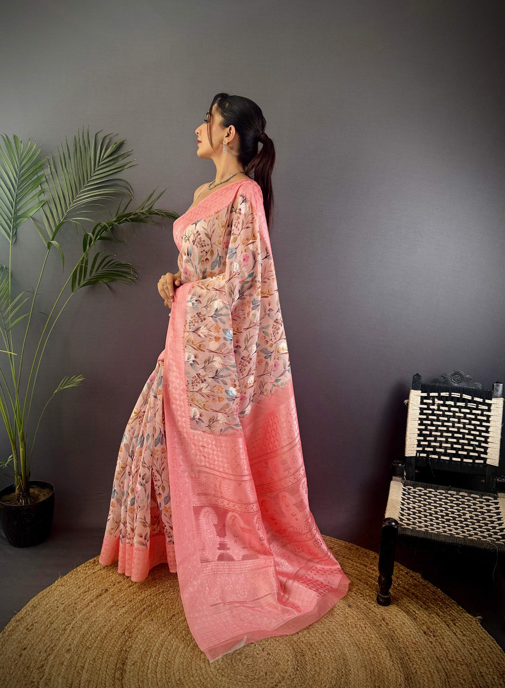 Sonakshi Women's Peach Blend Silk Jacquard Woven Traditional Saree with Blouse | Grocsy