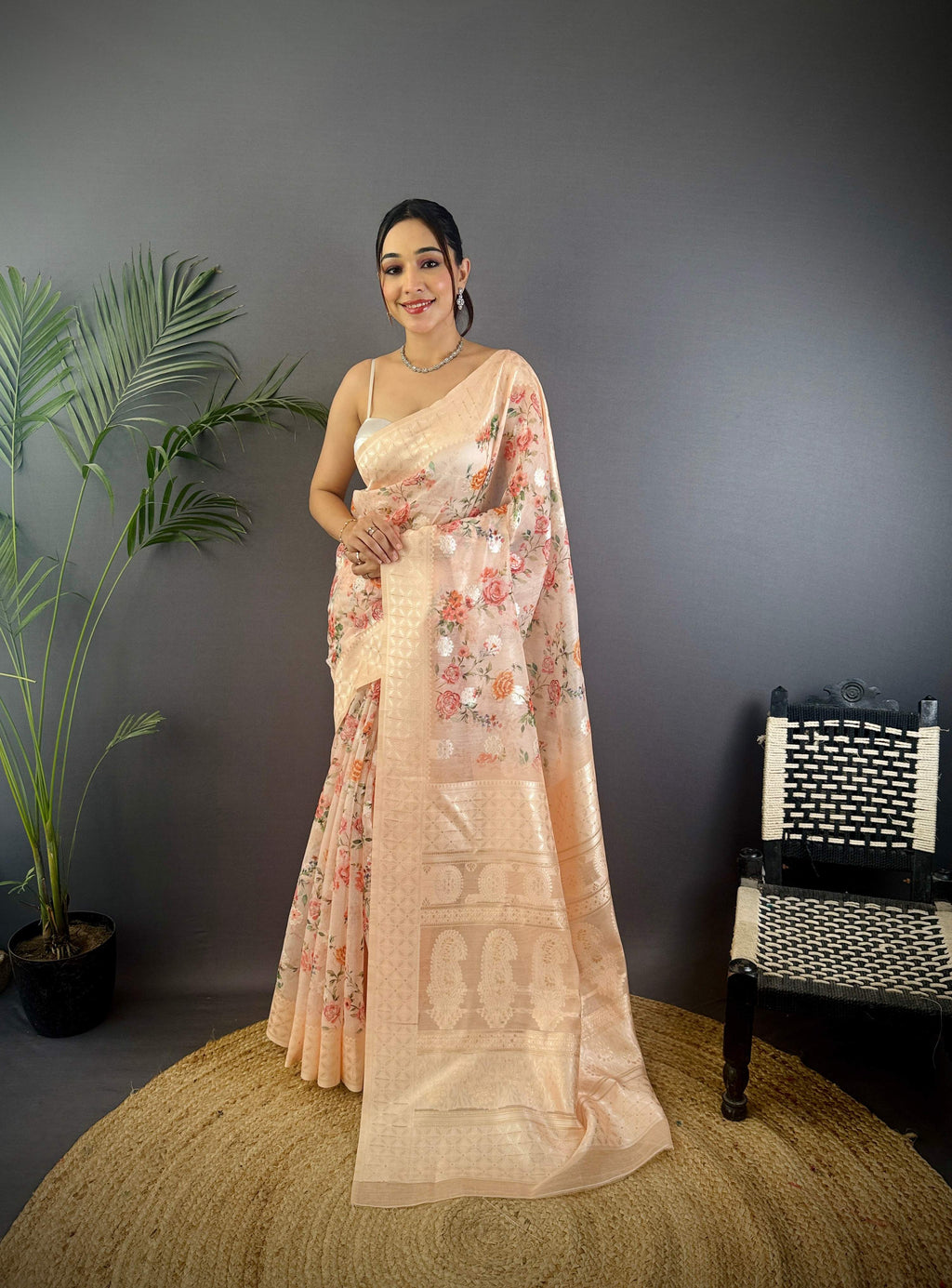 Sonakshi Women's Beige Blend Silk Jacquard Woven Traditional Saree with Blouse | Grocsy