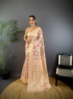 Sonakshi Women's Beige Blend Silk Jacquard Woven Traditional Saree with Blouse | Grocsy