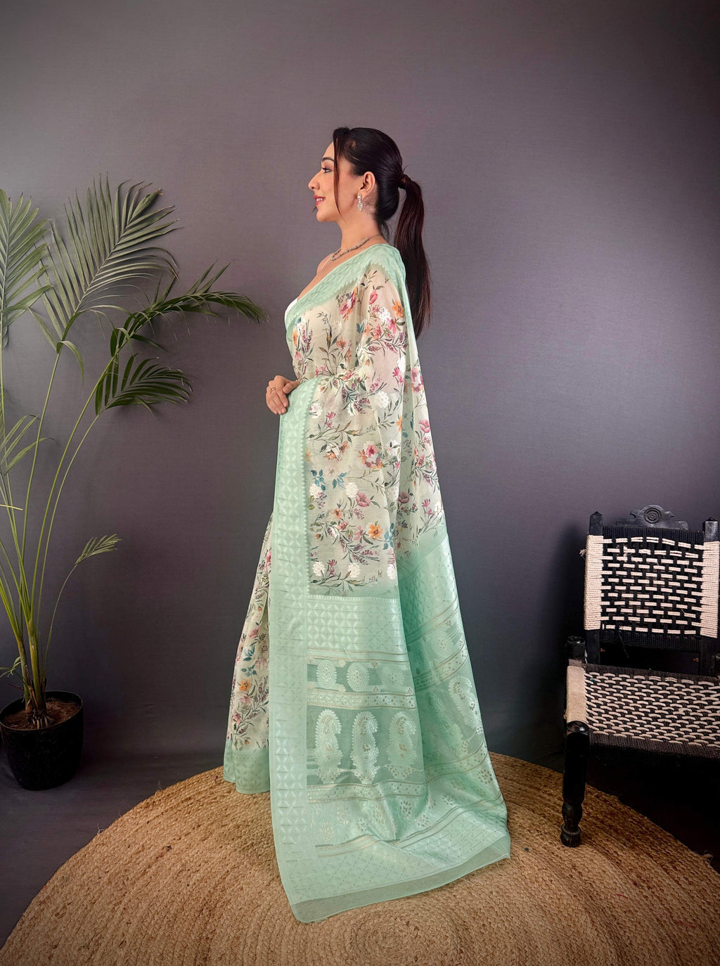 Sonakshi Women's Sky Blend Silk Jacquard Woven Traditional Saree with Blouse | Grocsy
