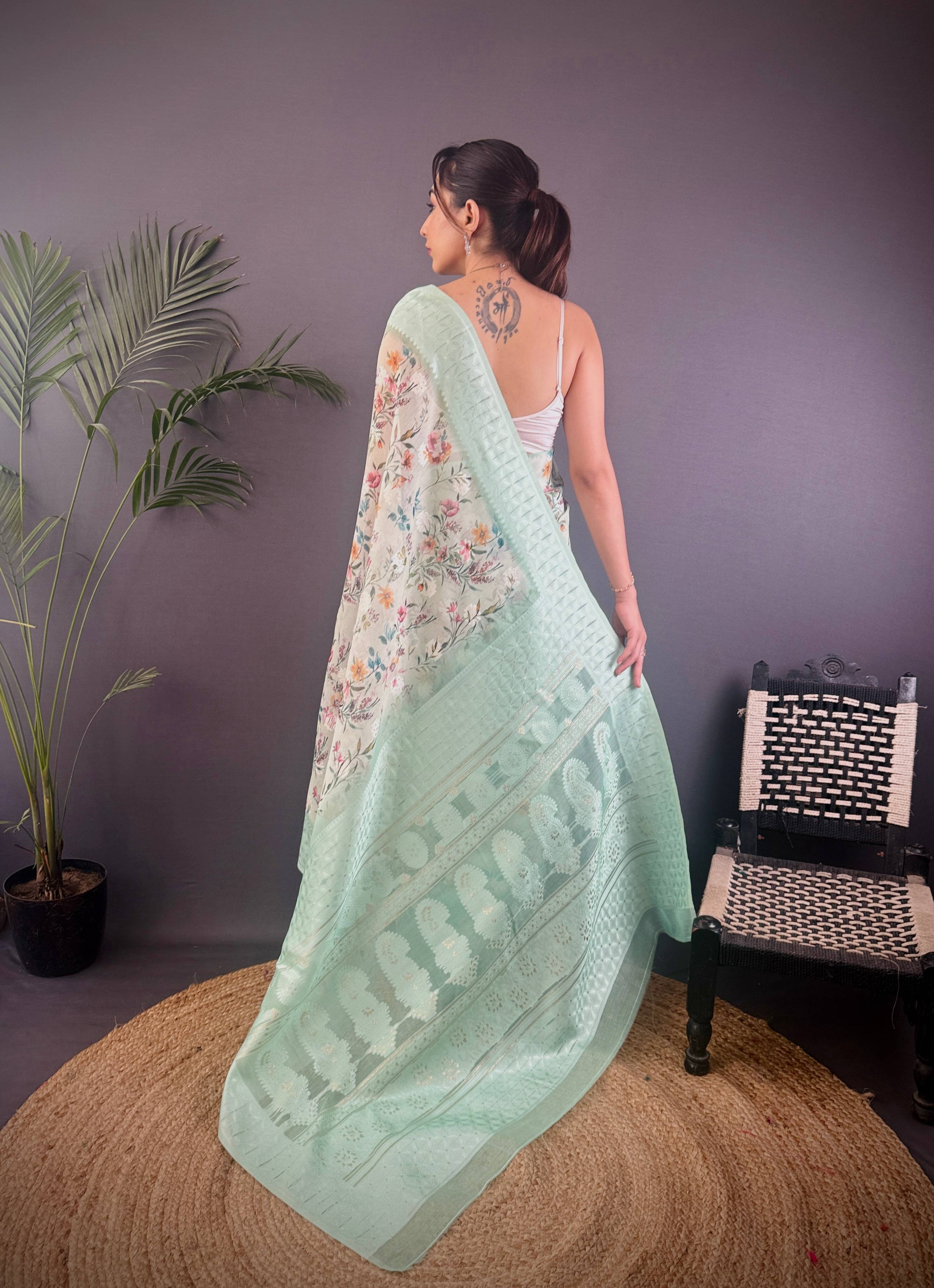 Sonakshi Women's Sky Blend Silk Jacquard Woven Traditional Saree with Blouse | Grocsy