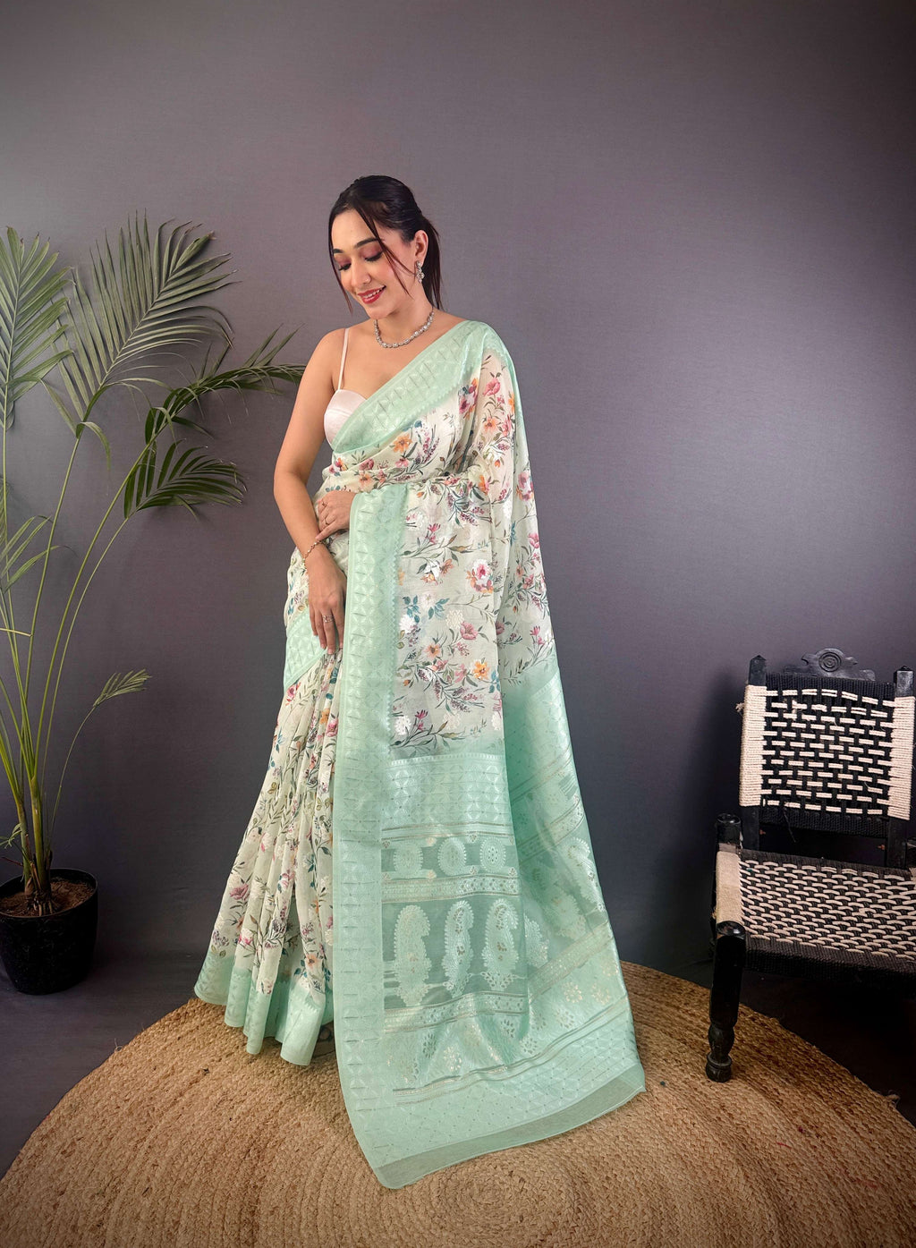 Sonakshi Women's Sky Blend Silk Jacquard Woven Traditional Saree with Blouse | Grocsy