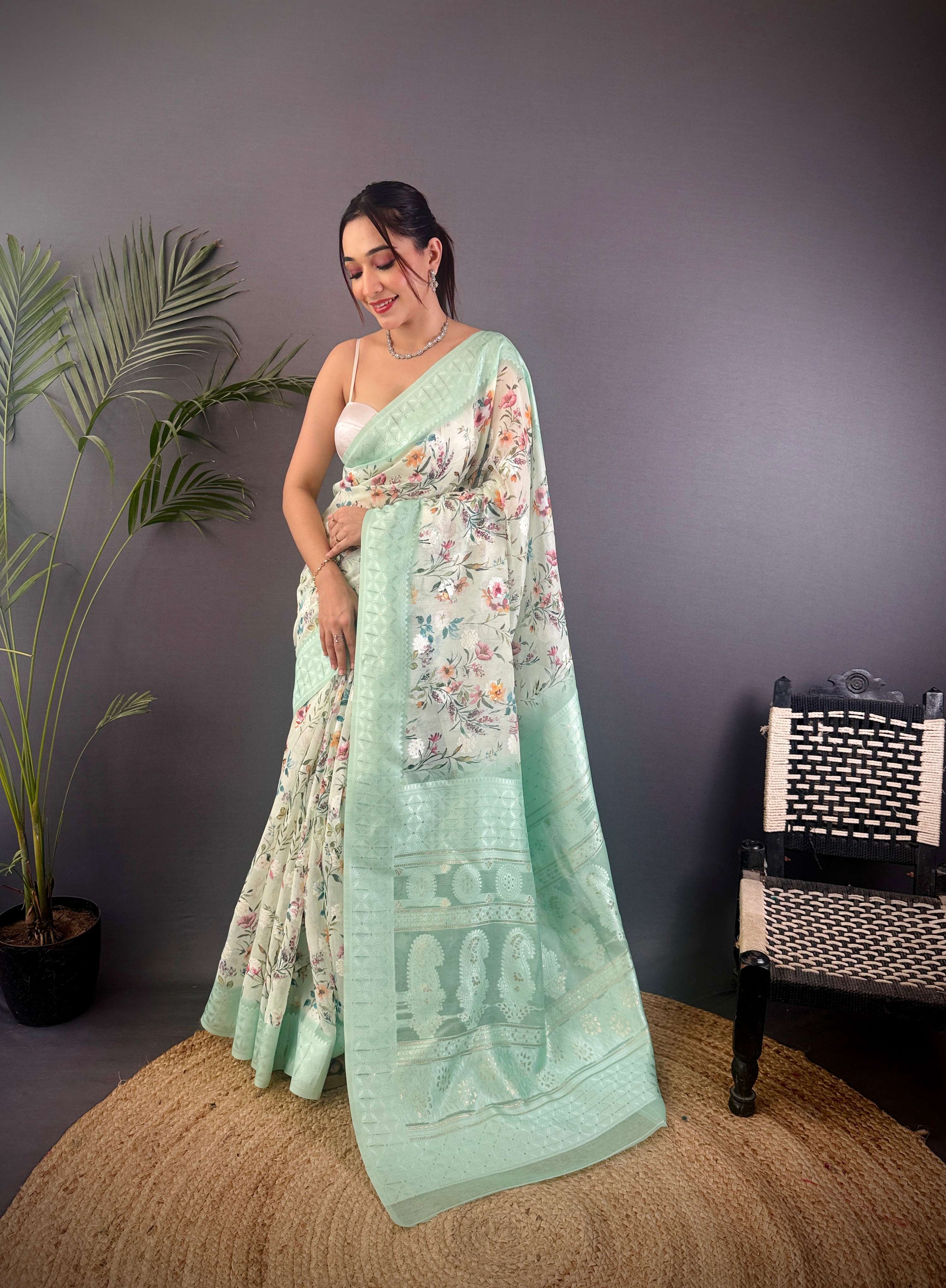 Sonakshi Women's Sky Blend Silk Jacquard Woven Traditional Saree with Blouse | Grocsy