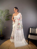 Sonakshi Women's White Blend Silk Jacquard Woven Traditional Saree with Blouse | Grocsy