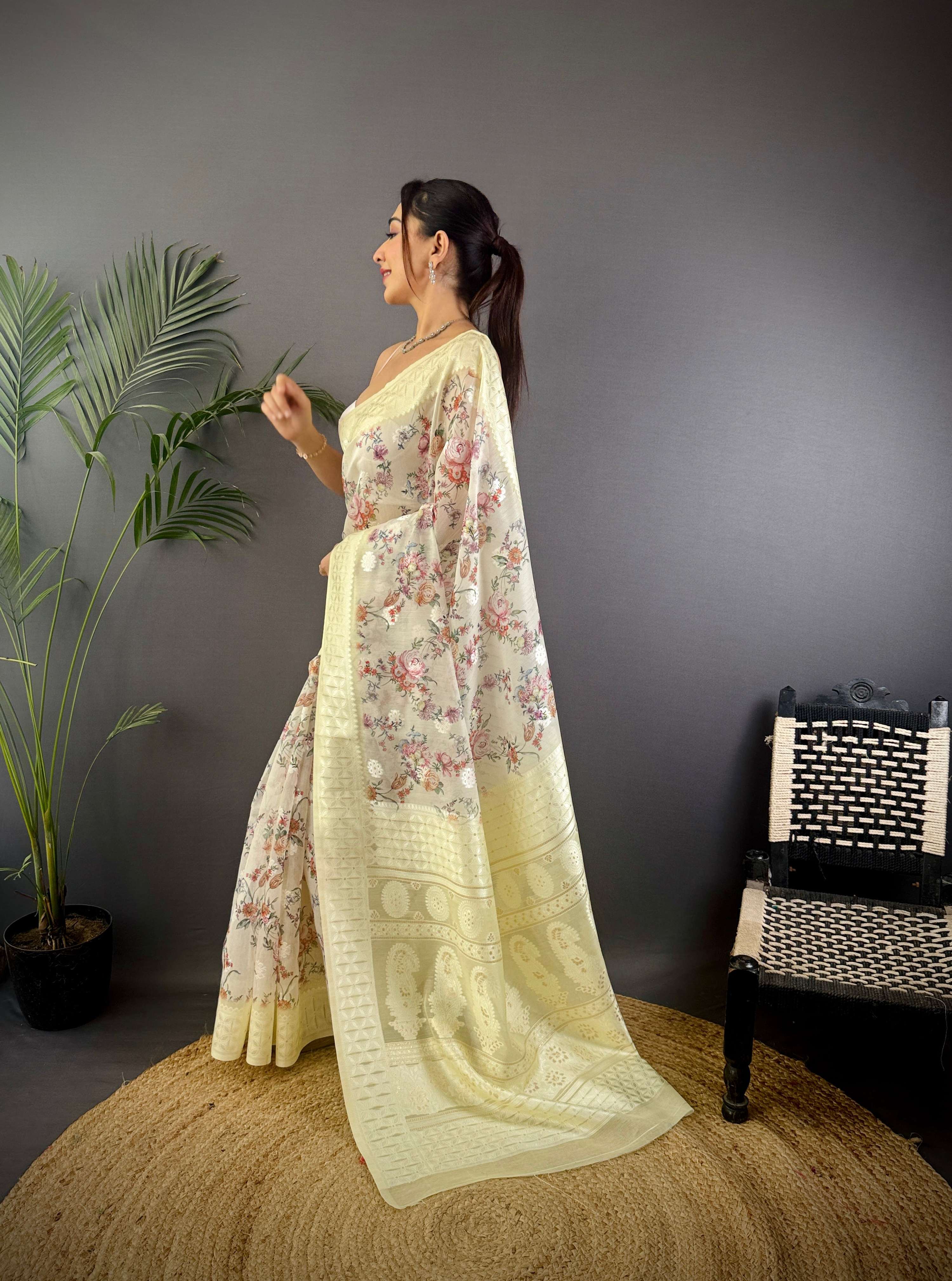 Sonakshi Women's Lemon Blend Silk Jacquard Woven Traditional Saree with Blouse | Grocsy