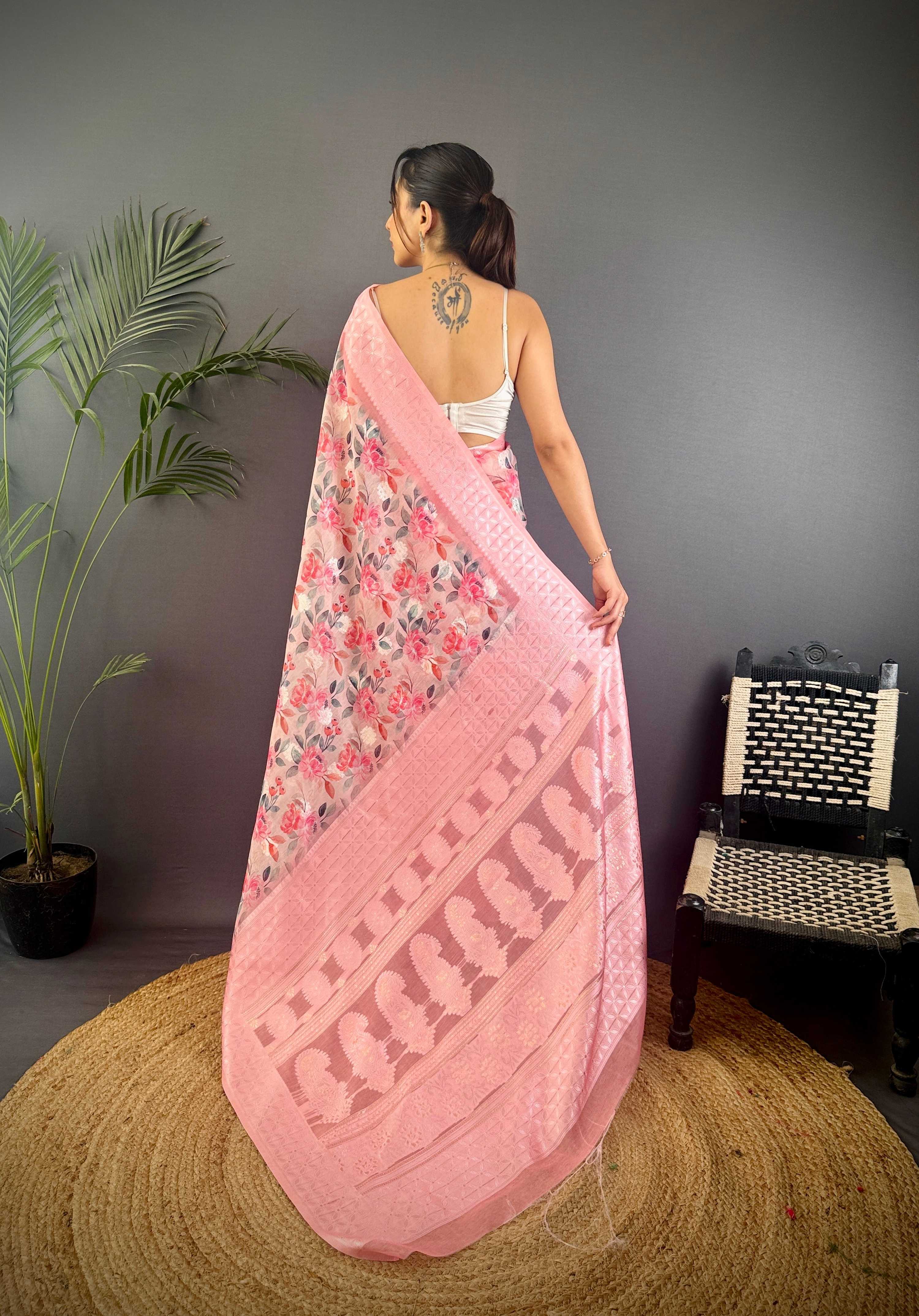 Sonakshi Women's Pink Blend Silk Jacquard Woven Traditional Saree with Blouse | Grocsy