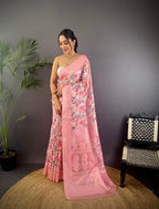 Sonakshi Women's Pink Blend Silk Jacquard Woven Traditional Saree with Blouse | Grocsy