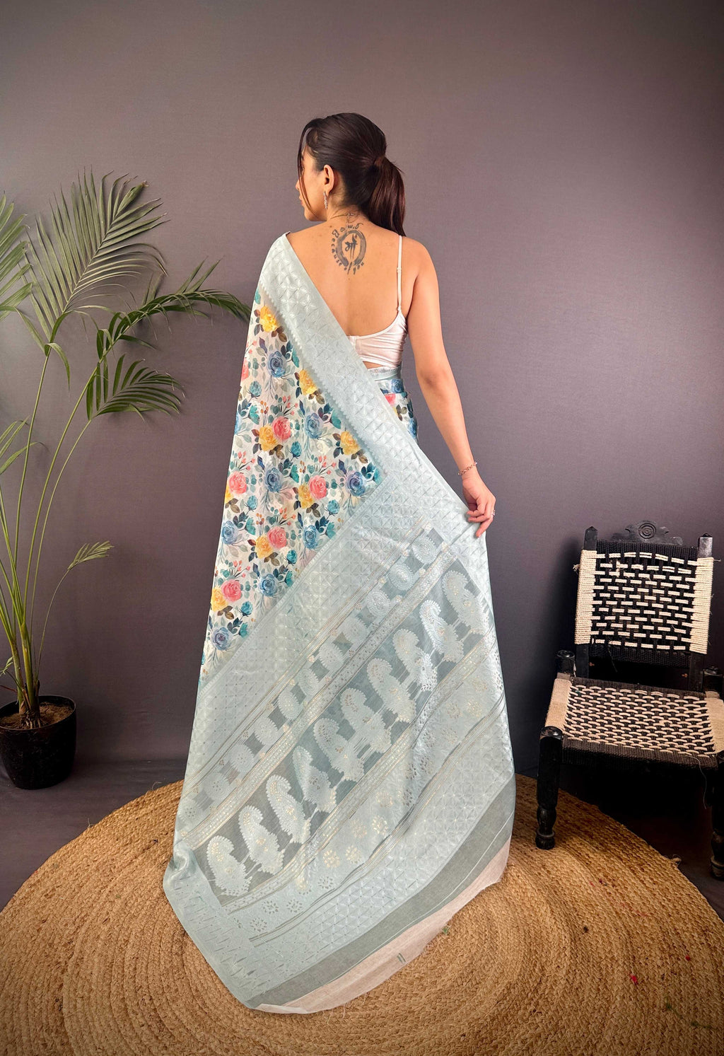 Sonakshi Women's Sky Blend Silk Jacquard Woven Traditional Saree with Blouse | Grocsy