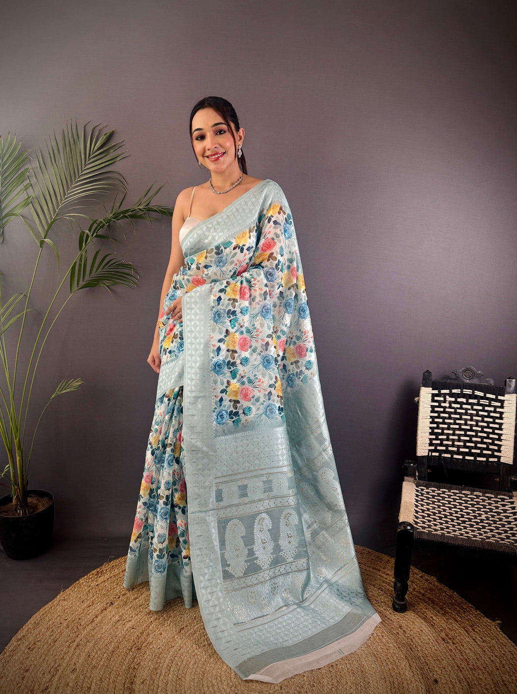 Sonakshi Women's Sky Blend Silk Jacquard Woven Traditional Saree with Blouse | Grocsy