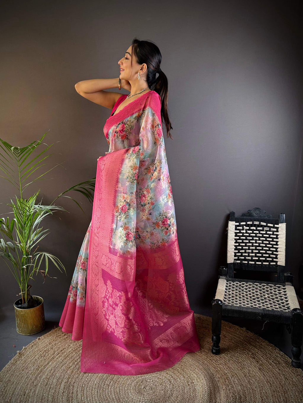Sonakshi Women's Rani Blend Silk Jacquard Woven Traditional Saree with Blouse | Grocsy