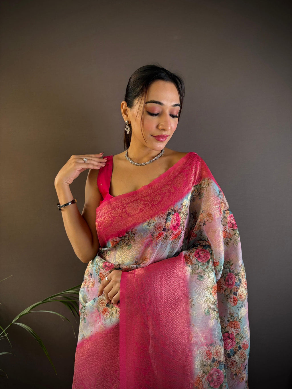 Sonakshi Women's Rani Blend Silk Jacquard Woven Traditional Saree with Blouse | Grocsy
