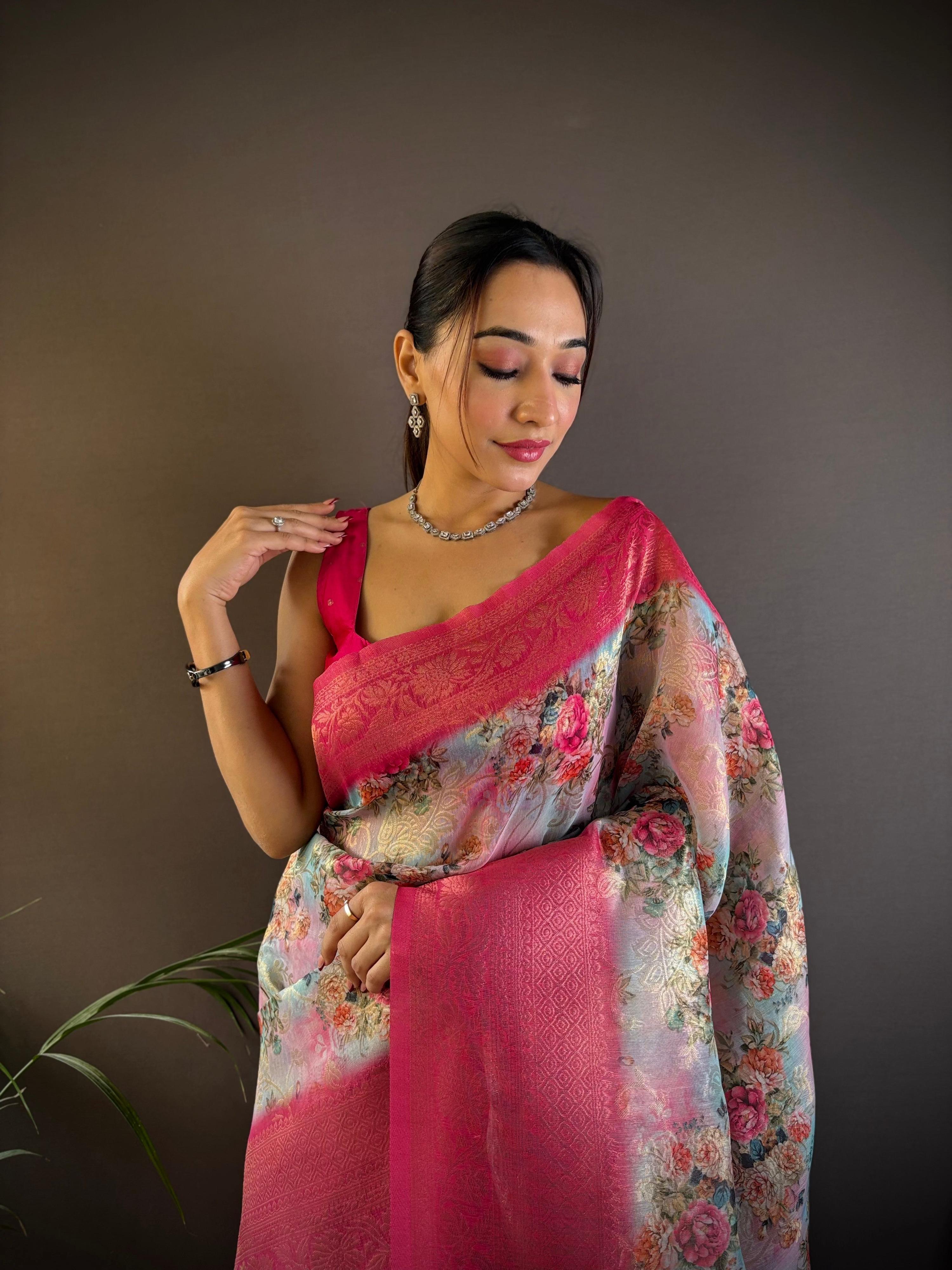 Sonakshi Women's Rani Blend Silk Jacquard Woven Traditional Saree with Blouse | Grocsy