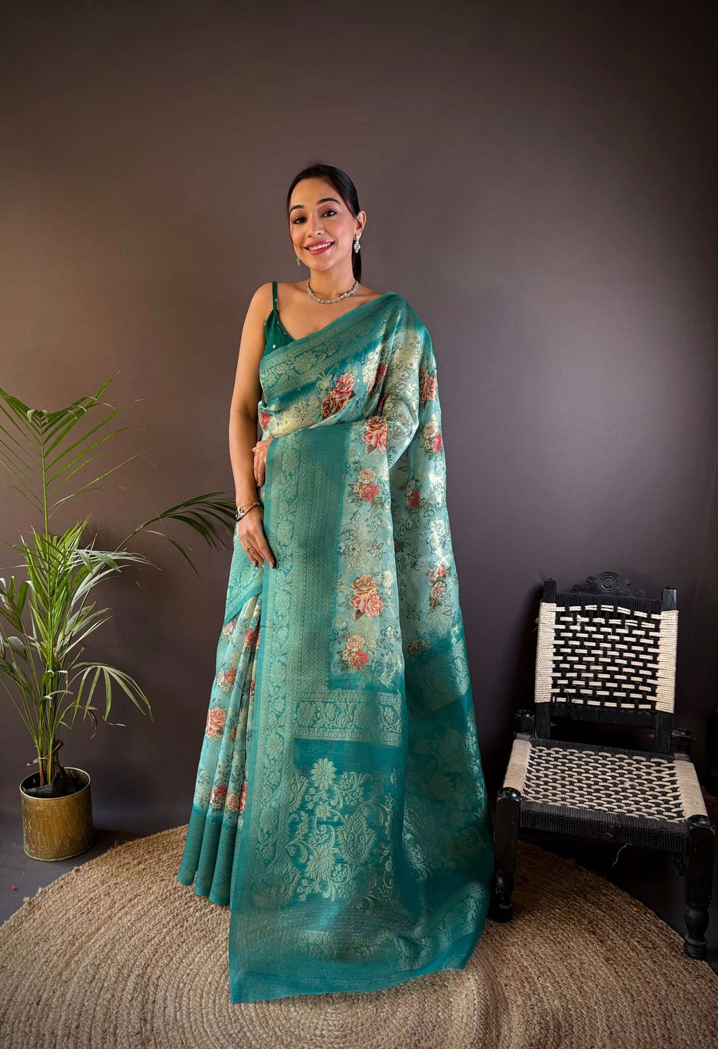 Sonakshi Women's Rama Blend Silk Jacquard Woven Traditional Saree with Blouse | Grocsy