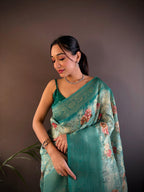 Sonakshi Women's Rama Blend Silk Jacquard Woven Traditional Saree with Blouse | Grocsy