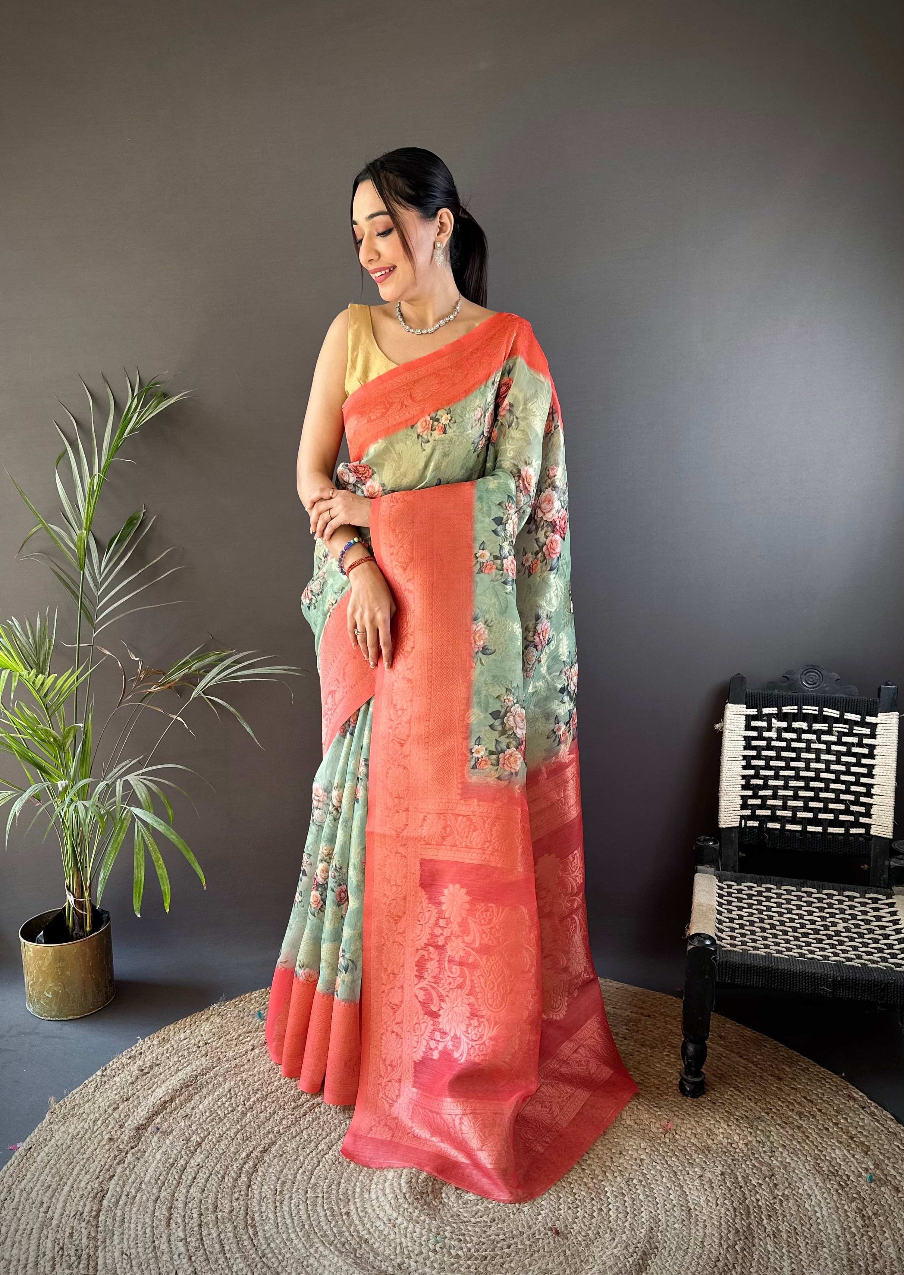 Sonakshi Women's Gajri Blend Silk Jacquard Woven Traditional Saree with Blouse | Grocsy