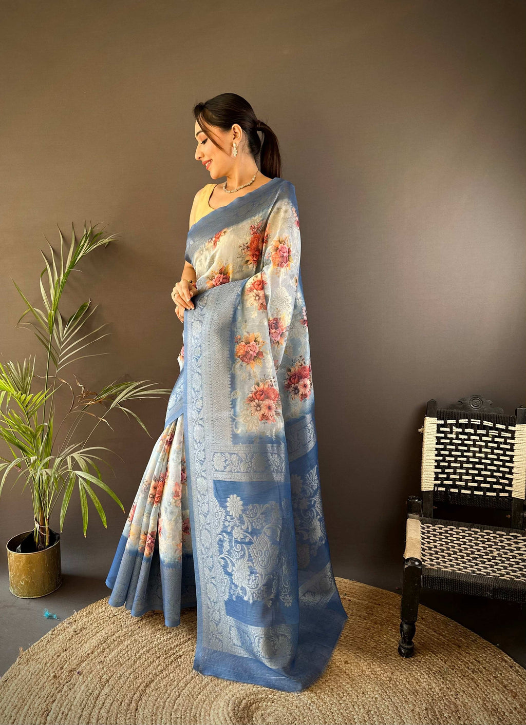 Sonakshi Women's Dark Sky Blend Silk Jacquard Woven Traditional Saree with Blouse | Grocsy