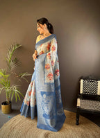 Sonakshi Women's Dark Sky Blend Silk Jacquard Woven Traditional Saree with Blouse | Grocsy