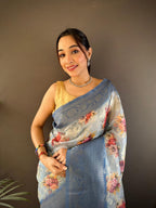 Sonakshi Women's Dark Sky Blend Silk Jacquard Woven Traditional Saree with Blouse | Grocsy