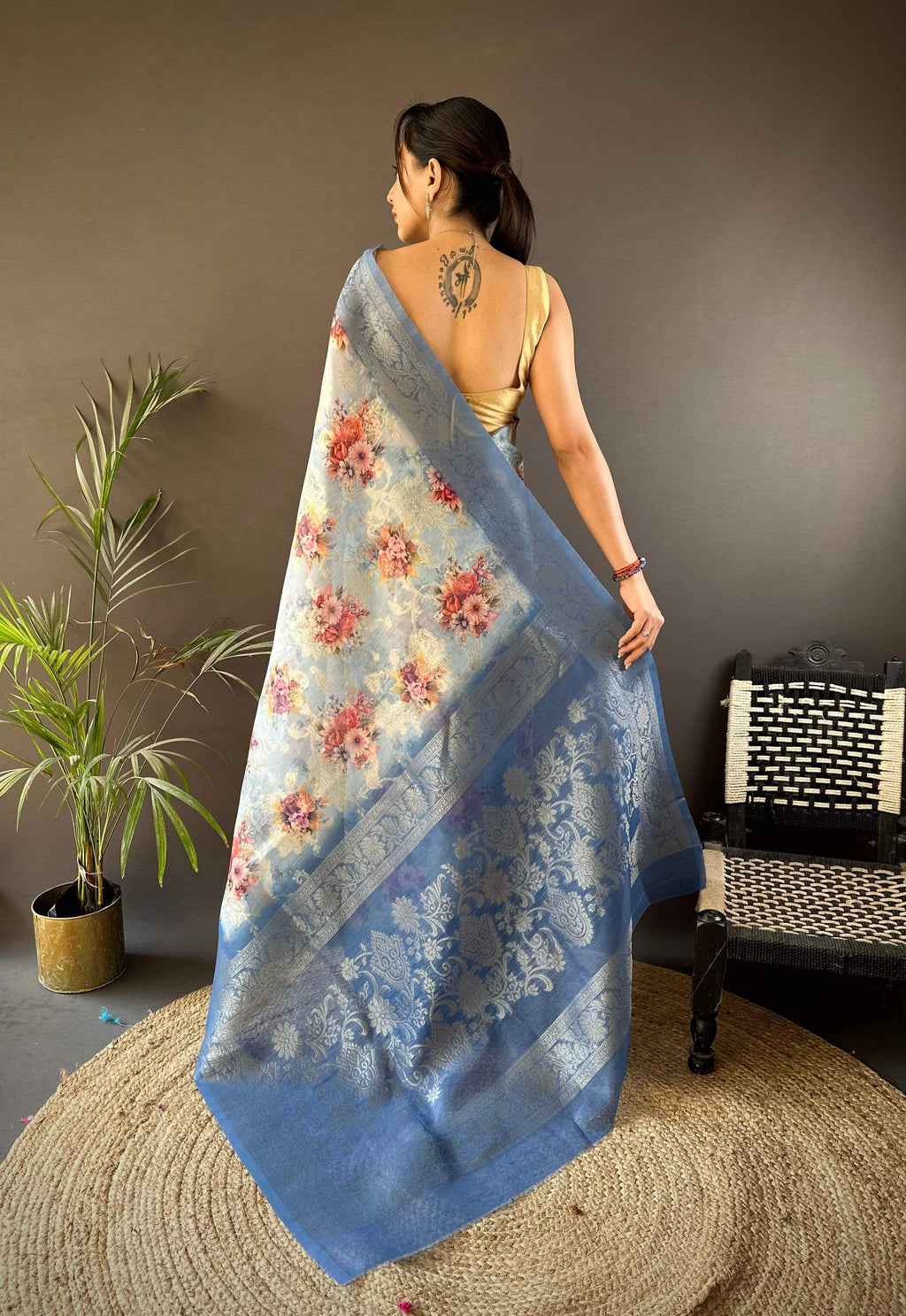 Sonakshi Women's Dark Sky Blend Silk Jacquard Woven Traditional Saree with Blouse | Grocsy