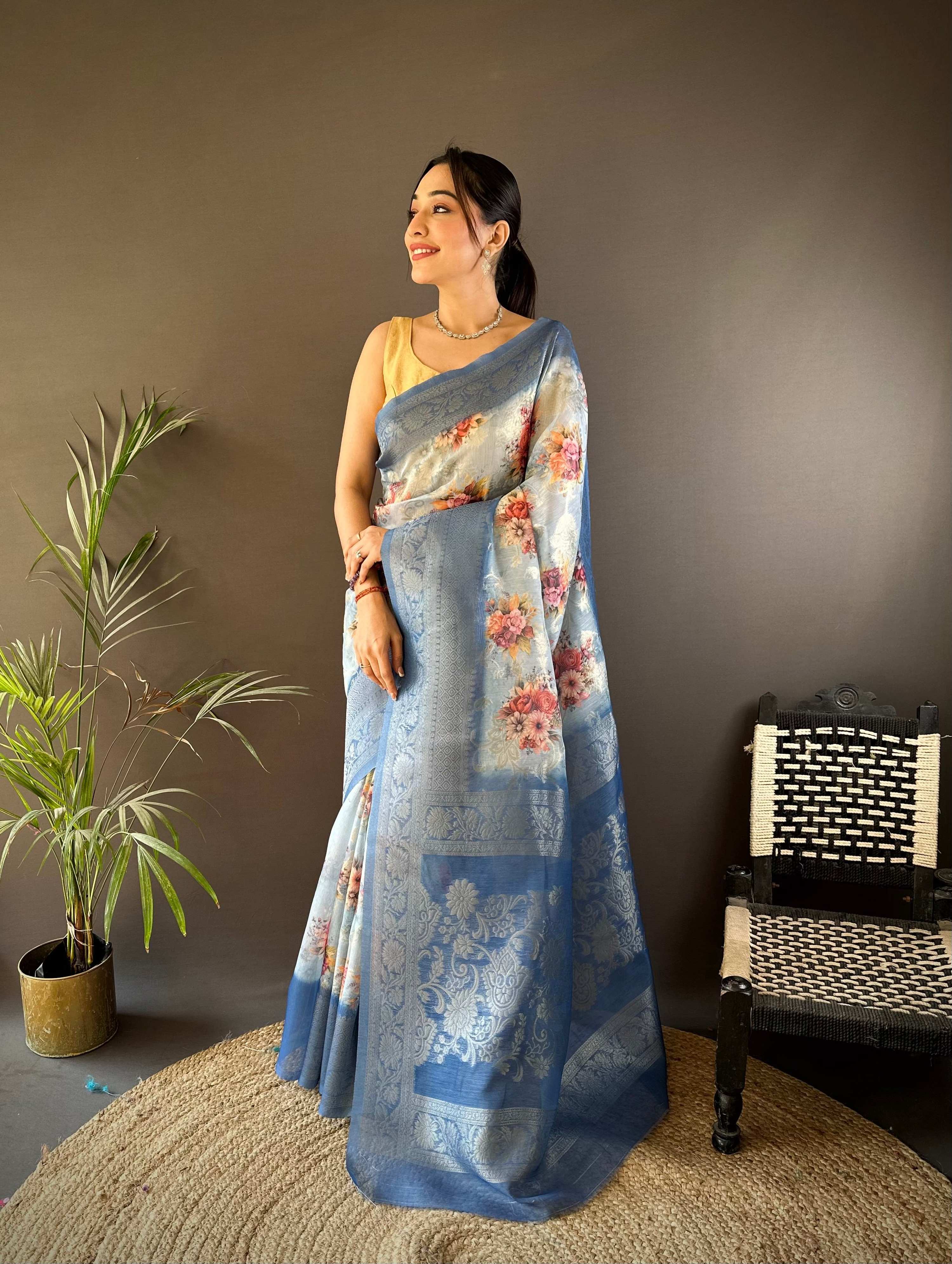 Sonakshi Women's Dark Sky Blend Silk Jacquard Woven Traditional Saree with Blouse | Grocsy