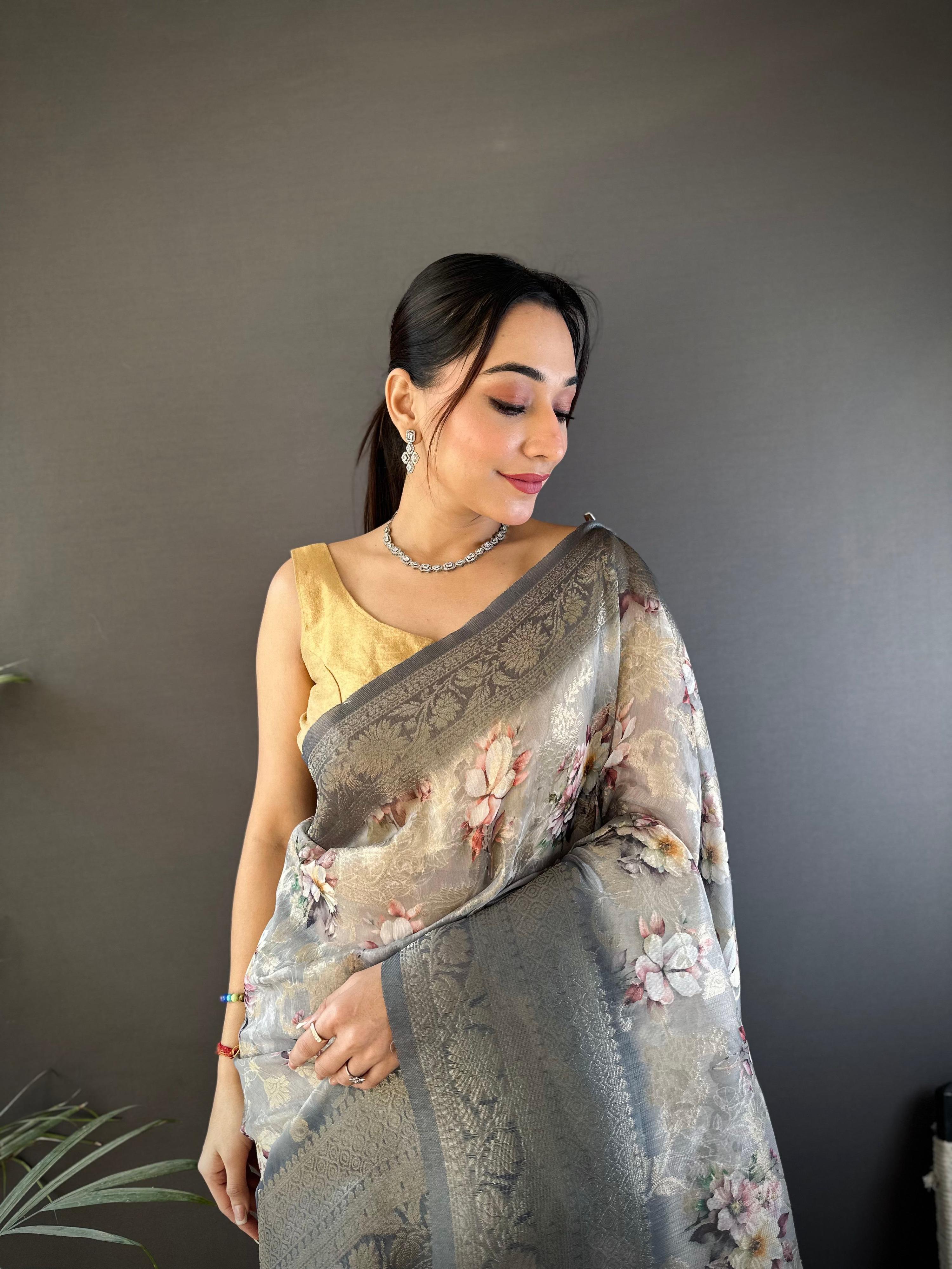 Sonakshi Women's Grey Blend Silk Jacquard Woven Traditional Saree with Blouse | Grocsy