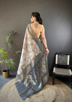 Sonakshi Women's Grey Blend Silk Jacquard Woven Traditional Saree with Blouse | Grocsy