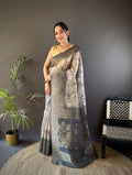Sonakshi Women's Grey Blend Silk Jacquard Woven Traditional Saree with Blouse | Grocsy