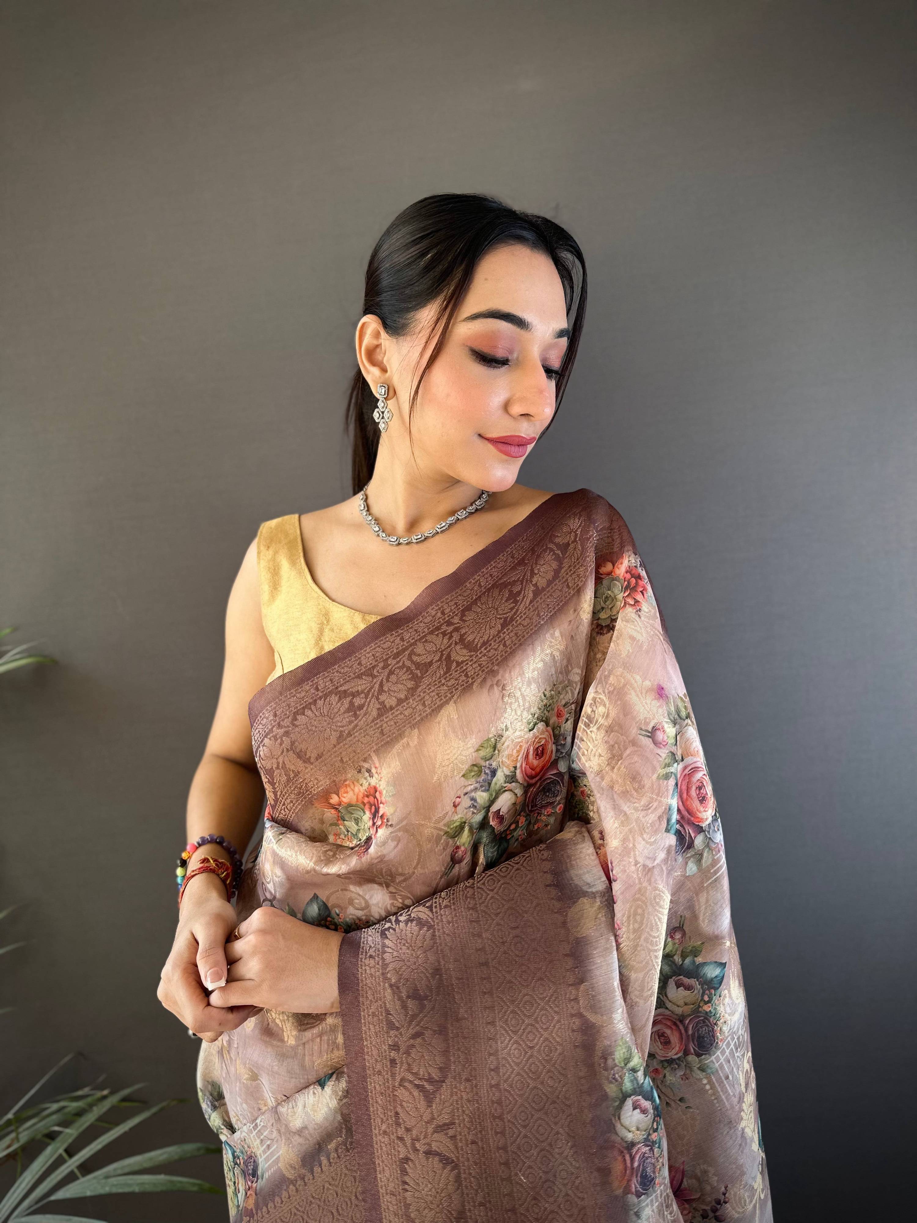 Sonakshi Women's Coffee Blend Silk Jacquard Woven Traditional Saree with Blouse | Grocsy