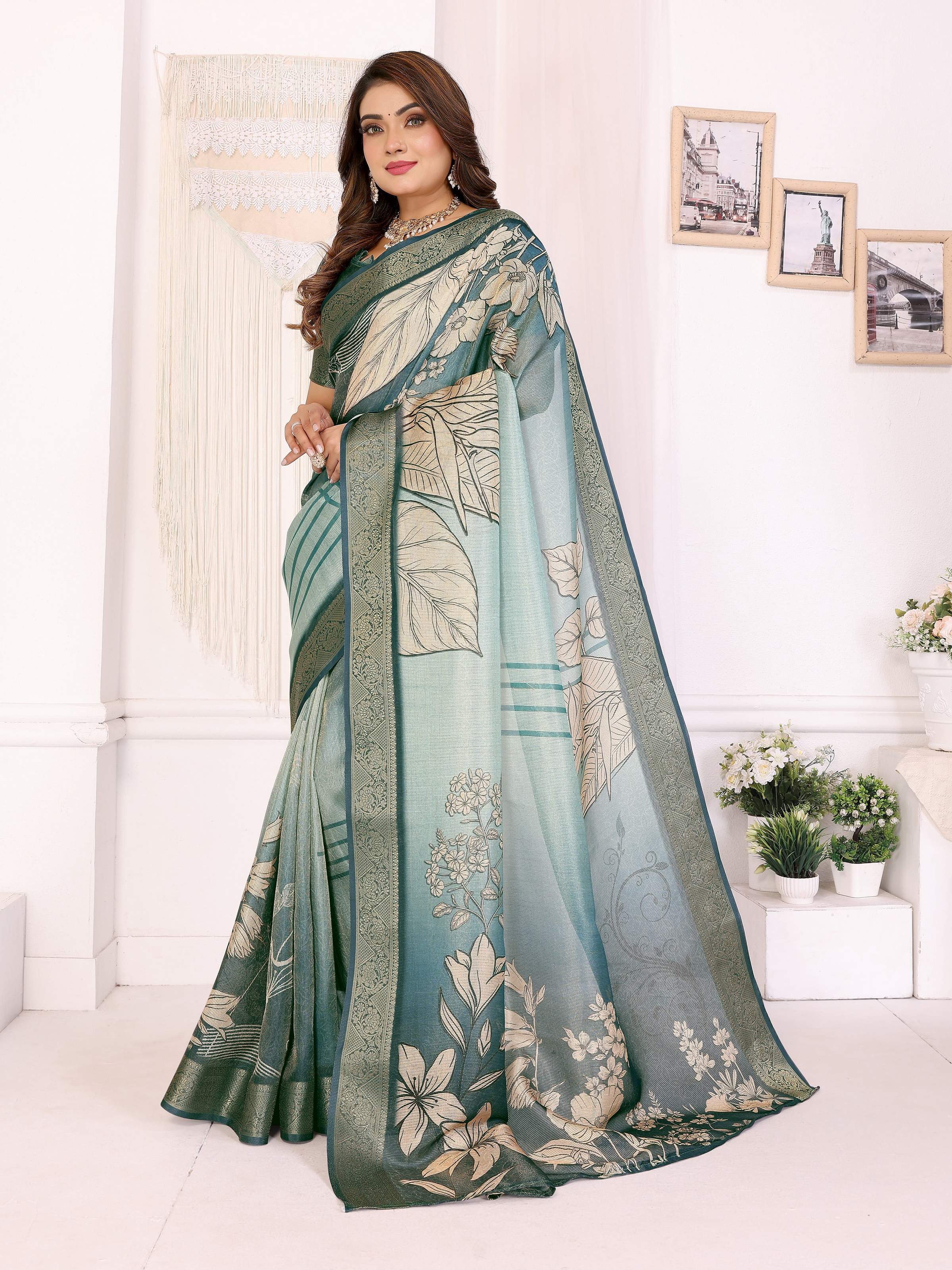 Sonakshi Women's Seagreen Mulberry Silk With Digital Prints Saree with Blouse | Grocsy