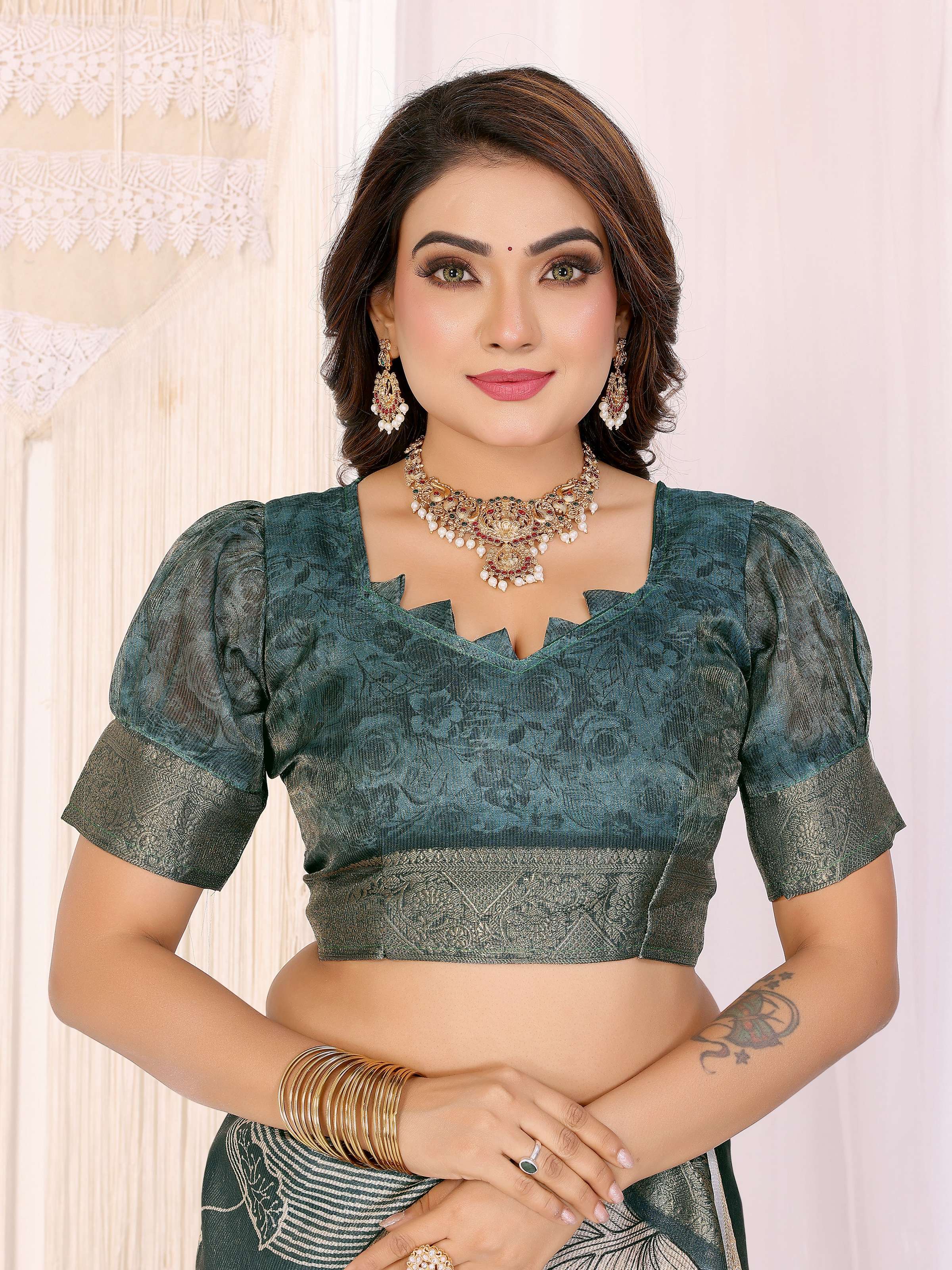 Sonakshi Women's Seagreen Mulberry Silk With Digital Prints Saree with Blouse | Grocsy