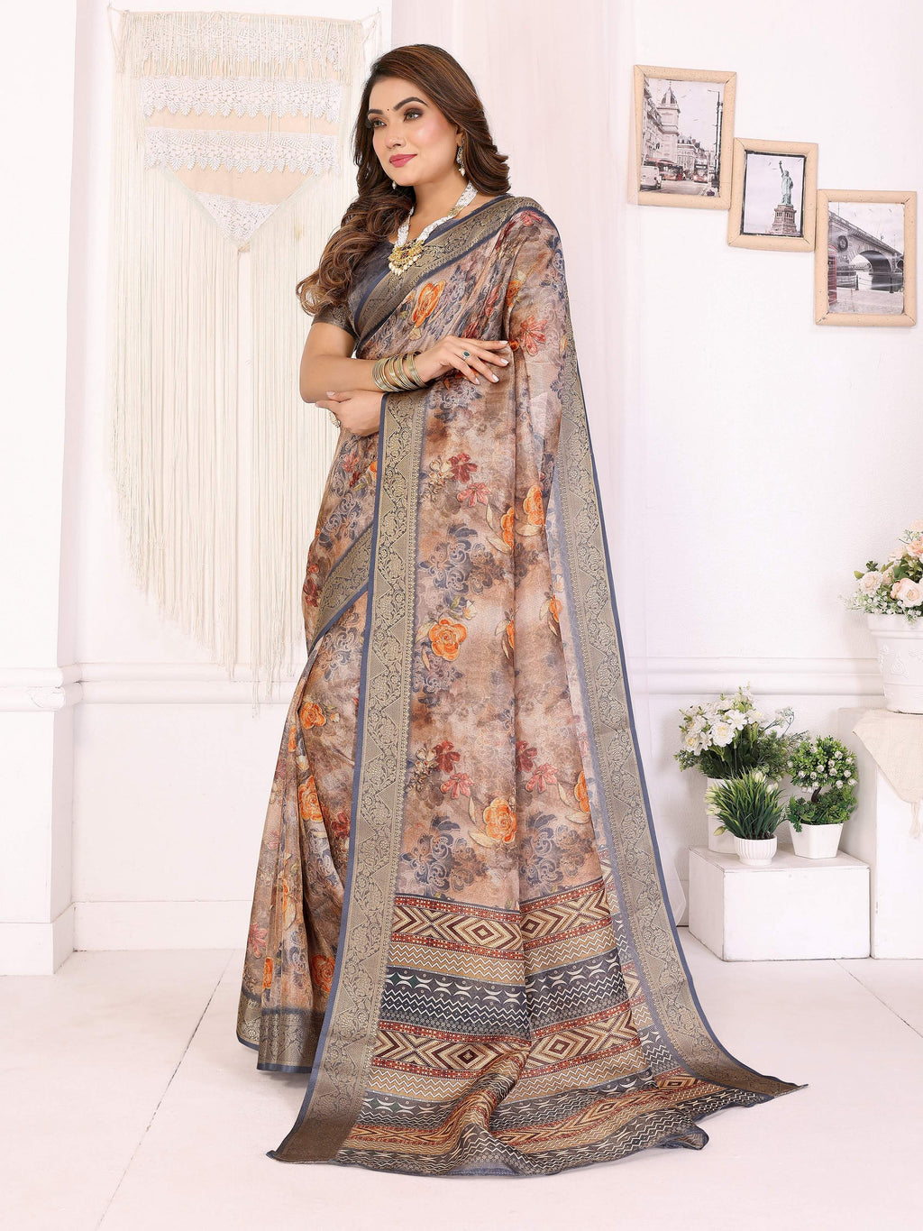Sonakshi Women's Tamba Mulberry Silk With Digital Prints Saree with Blouse | Grocsy