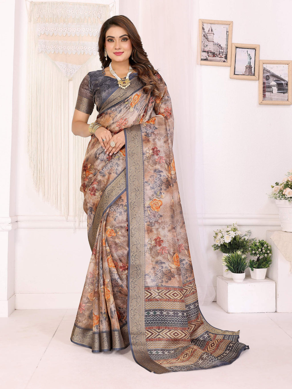 Sonakshi Women's Tamba Mulberry Silk With Digital Prints Saree with Blouse | Grocsy