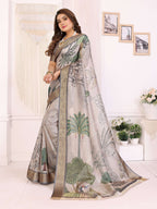 Sonakshi Women's Silver Mulberry Silk With Digital Prints Saree with Blouse | Grocsy