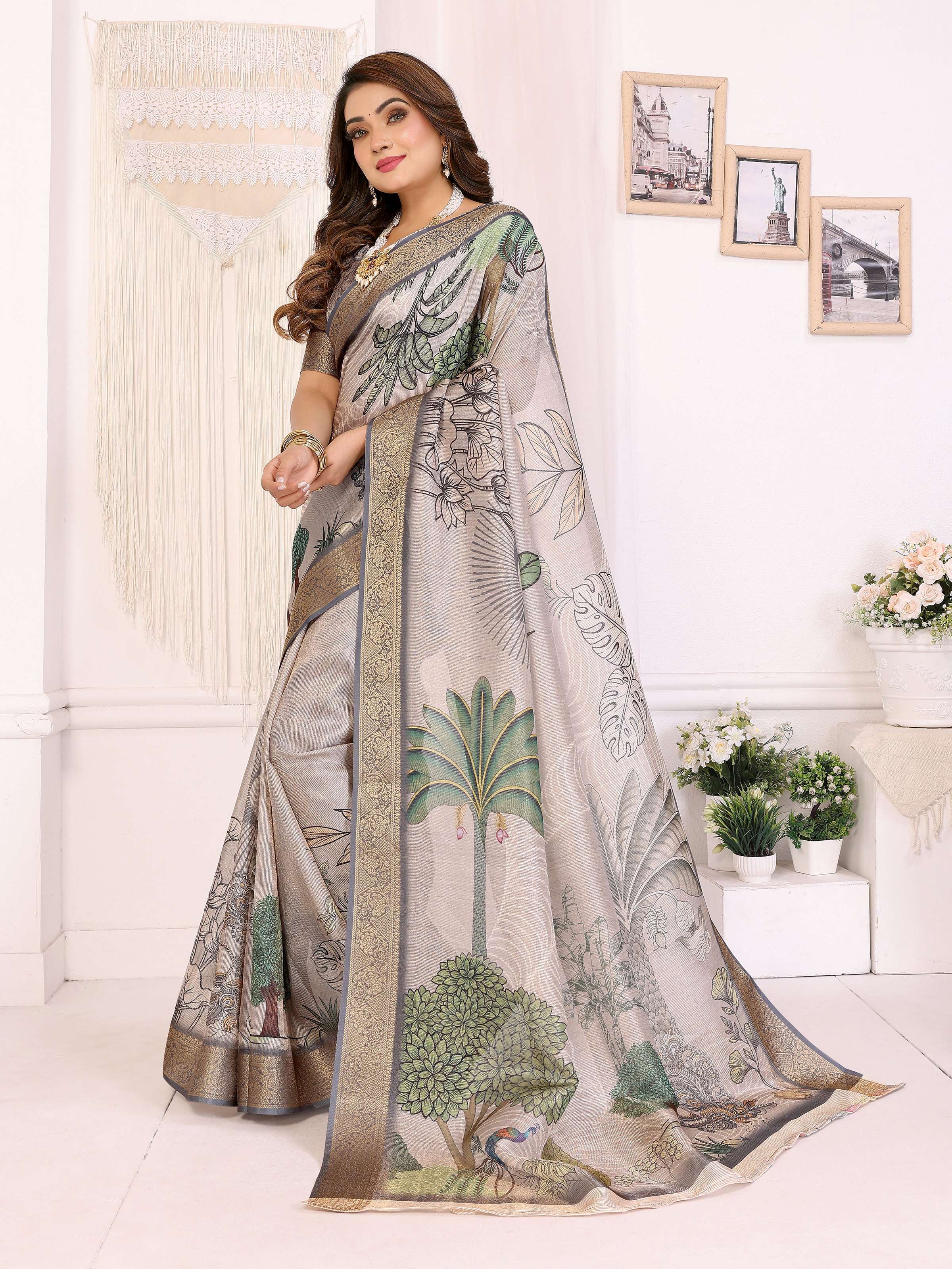 Sonakshi Women's Silver Mulberry Silk With Digital Prints Saree with Blouse | Grocsy
