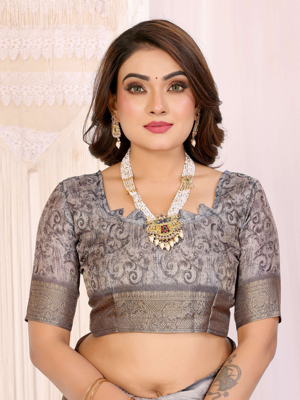 Sonakshi Women's Silver Mulberry Silk With Digital Prints Saree with Blouse | Grocsy