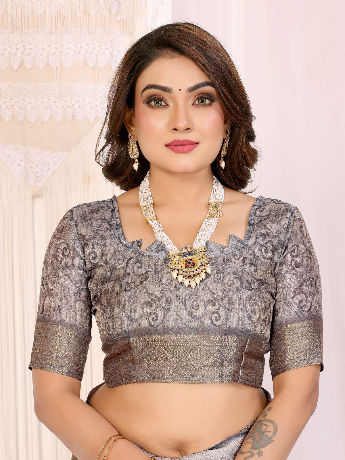 Sonakshi Women's Silver Mulberry Silk With Digital Prints Saree with Blouse | Grocsy