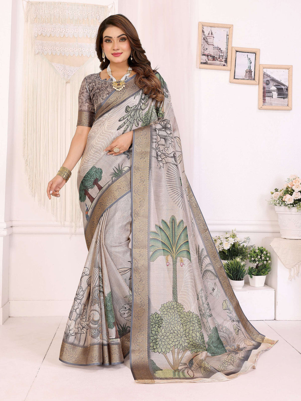 Sonakshi Women's Silver Mulberry Silk With Digital Prints Saree with Blouse | Grocsy