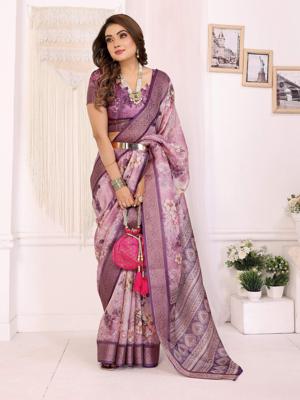 Sonakshi Women's Jamli Mulberry Silk With Digital Prints Saree with Blouse | Grocsy