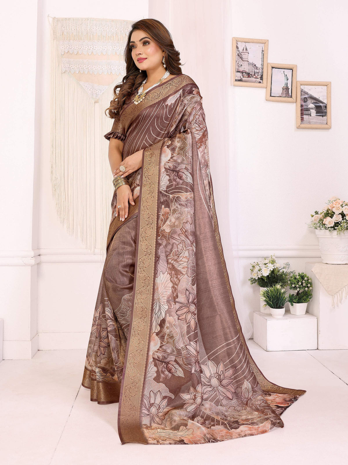 Sonakshi Women's Coffee Mulberry Silk With Digital Prints Saree with Blouse | Grocsy