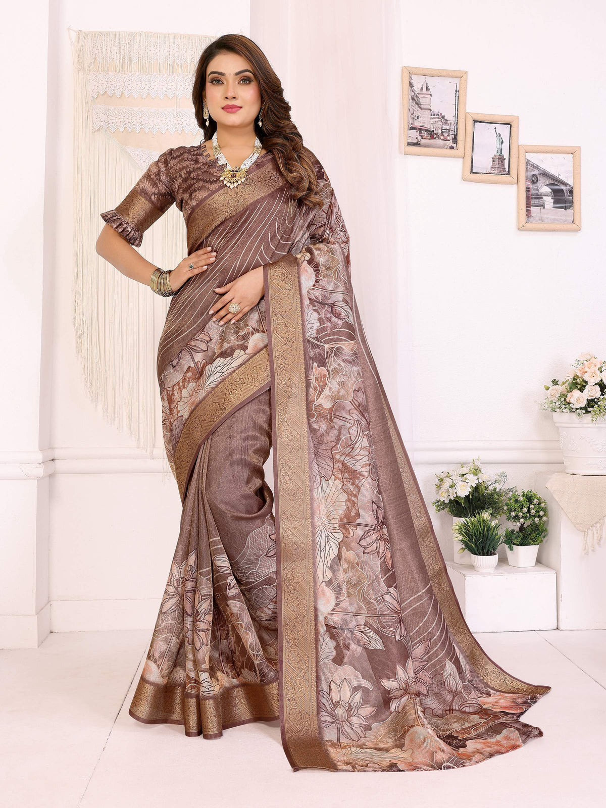 Sonakshi Women's Coffee Mulberry Silk With Digital Prints Saree with Blouse | Grocsy