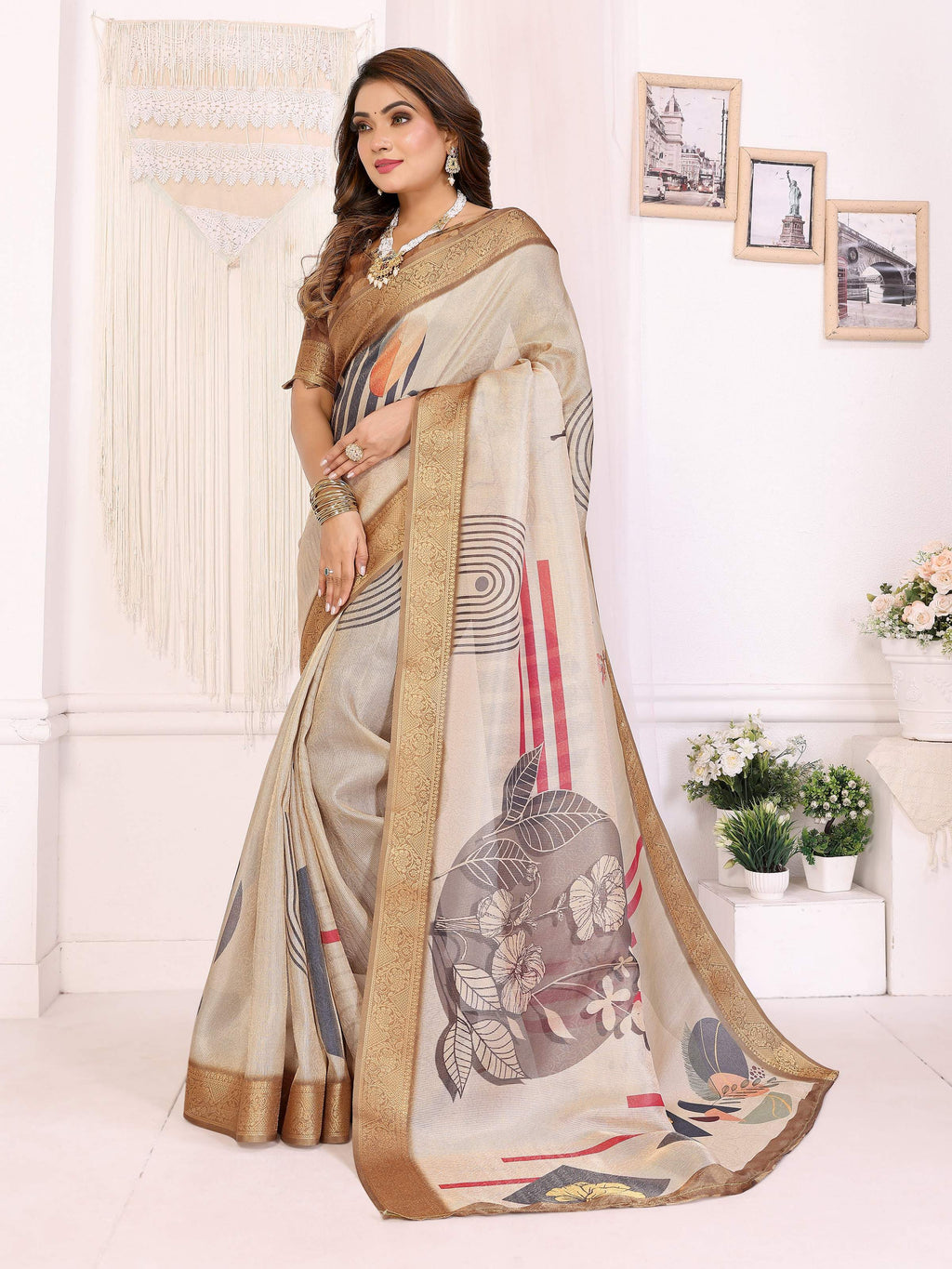 Sonakshi Women's White Mulberry Silk With Digital Prints Saree with Blouse | Grocsy