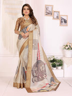 Sonakshi Women's White Mulberry Silk With Digital Prints Saree with Blouse | Grocsy