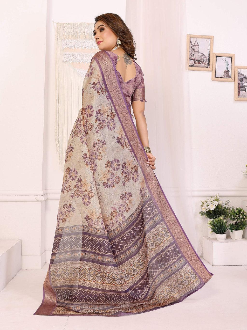 Sonakshi Women's Purple Mulberry Silk With Digital Prints Saree with Blouse | Grocsy