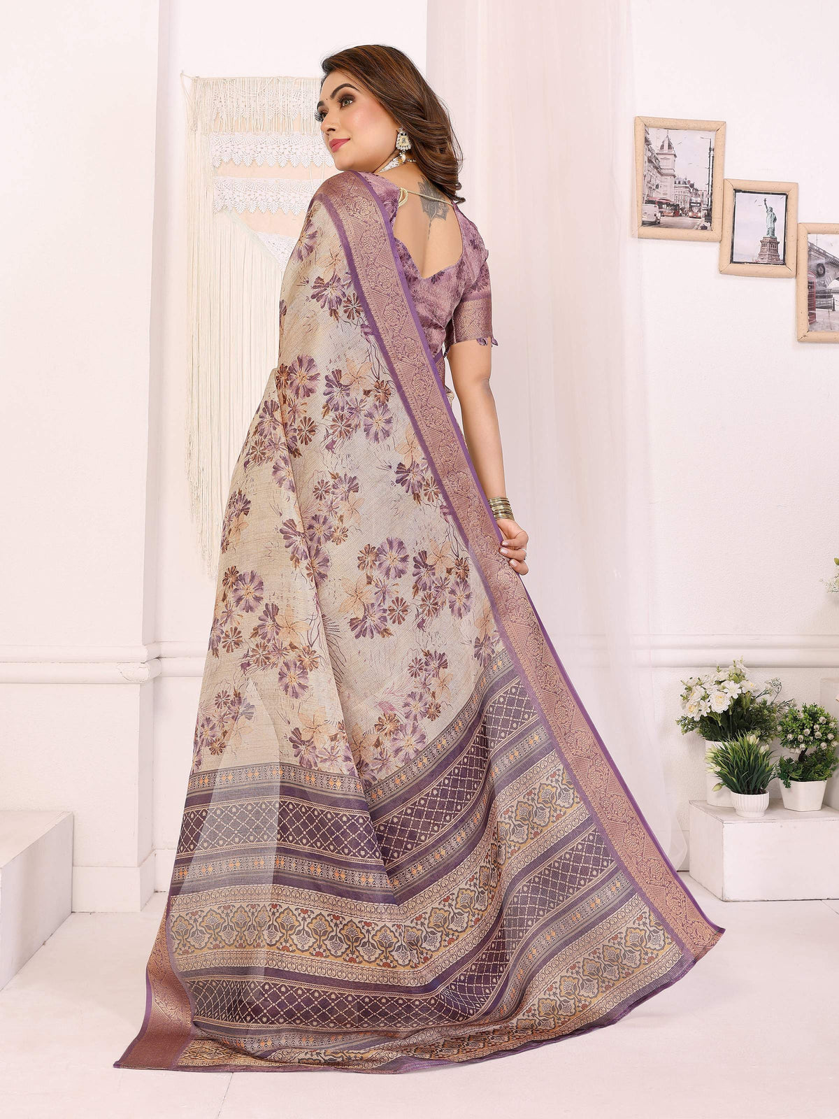 Sonakshi Women's Purple Mulberry Silk With Digital Prints Saree with Blouse | Grocsy