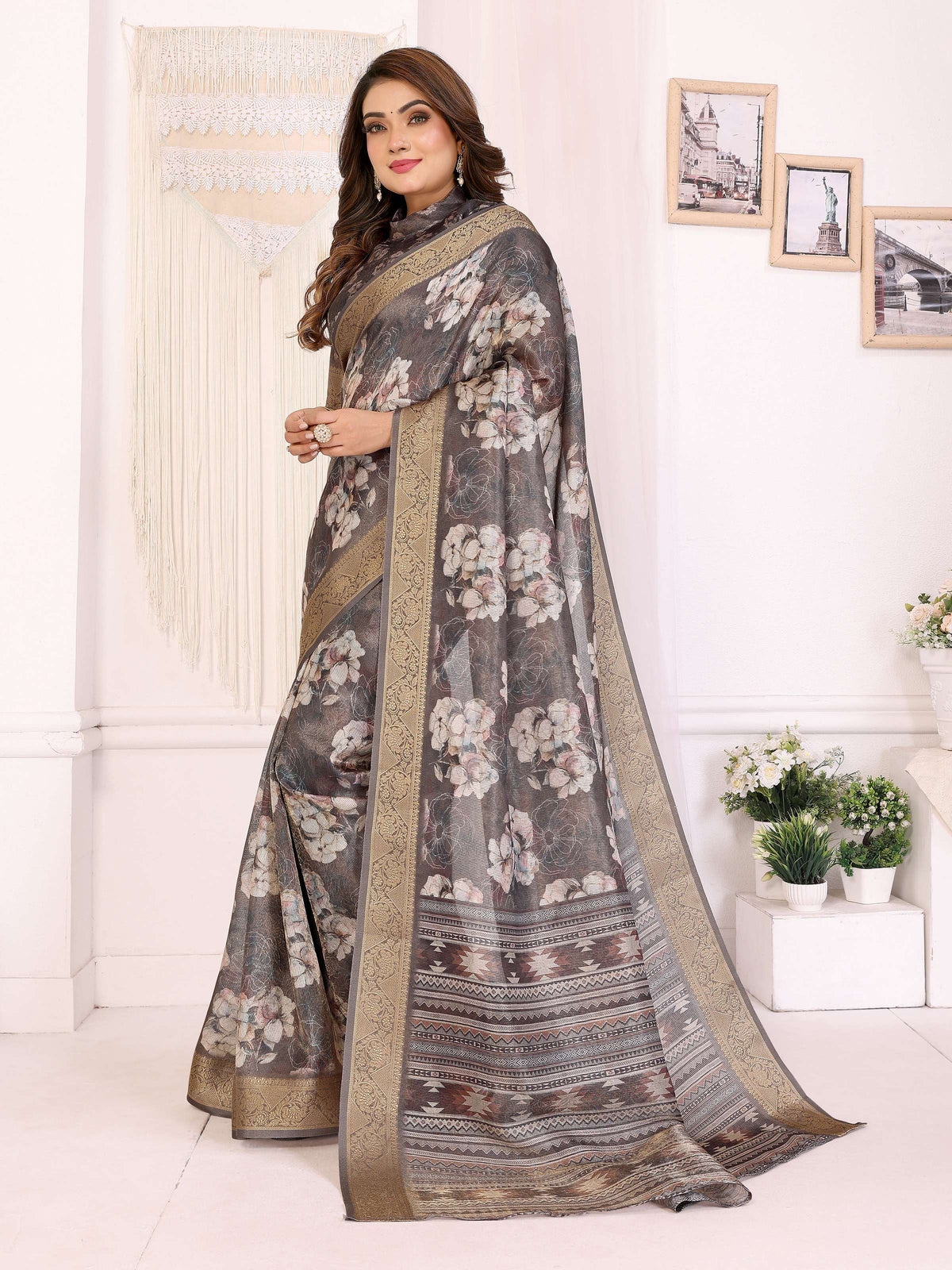 Sonakshi Women's Grey Mulberry Silk With Digital Prints Saree with Blouse | Grocsy