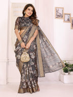 Sonakshi Women's Grey Mulberry Silk With Digital Prints Saree with Blouse | Grocsy