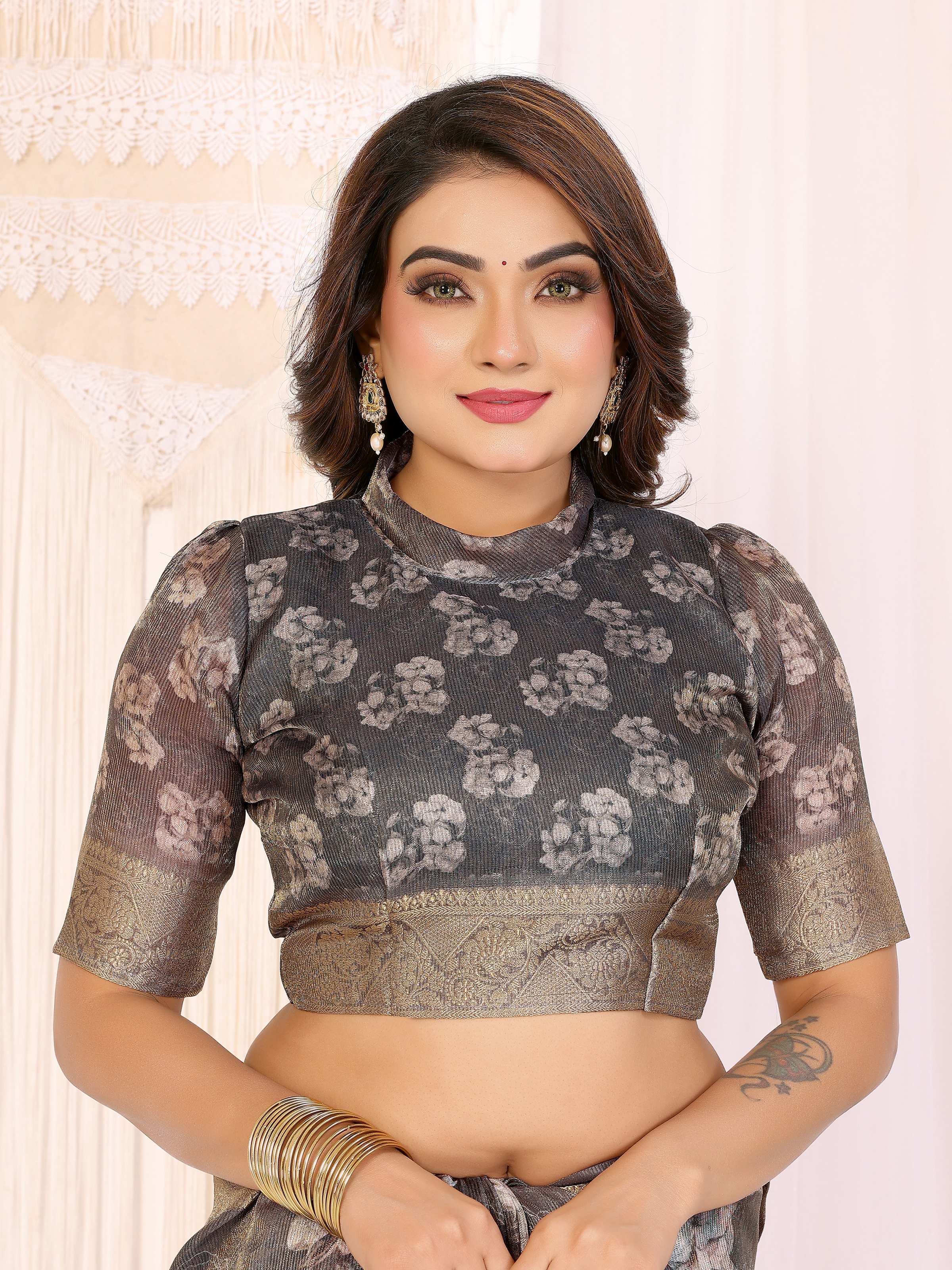 Sonakshi Women's Grey Mulberry Silk With Digital Prints Saree with Blouse | Grocsy